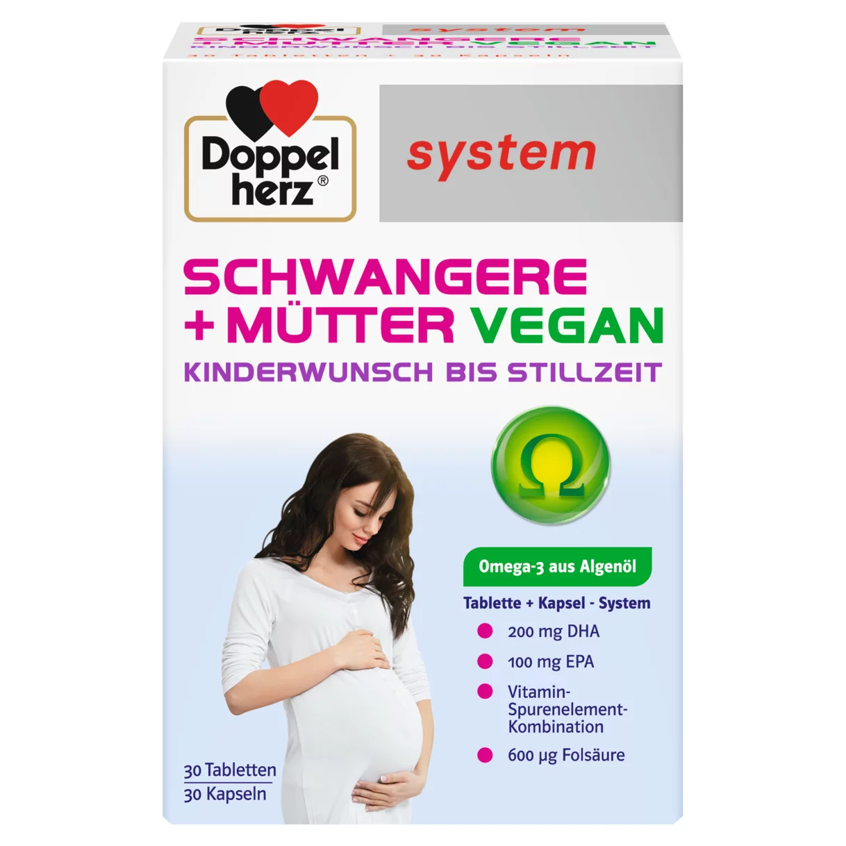 Abbildung der Produktverpackung Doppelherz system SCHWANGERE + MÜTTER VEGAN Frontansicht